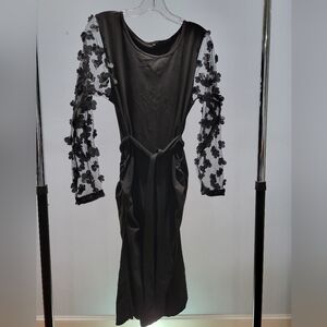 Chic Black Dress with Floral Sheer Sleeves